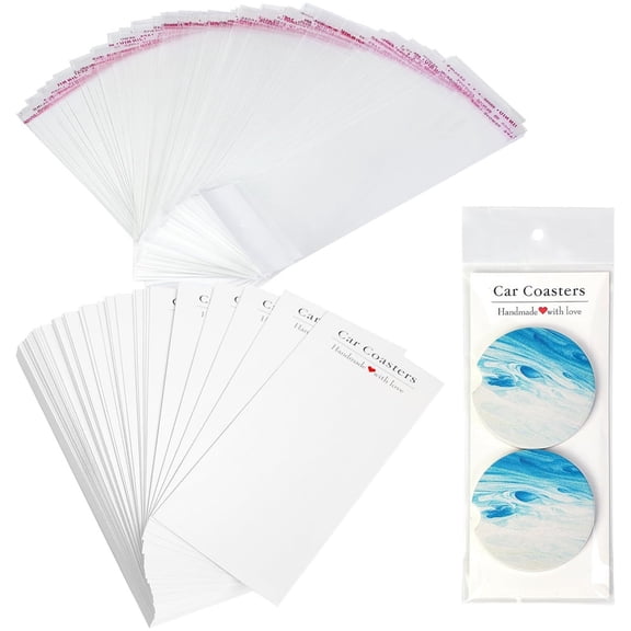 100 Pcs Car Coaster Packaging for Selling, Sublimation Car Coasters Cards with Self-Seal Hanging Bags,Car Coaster Packaging,Paper Coasters Display Cards for A Pair of Cup Coasters,White
