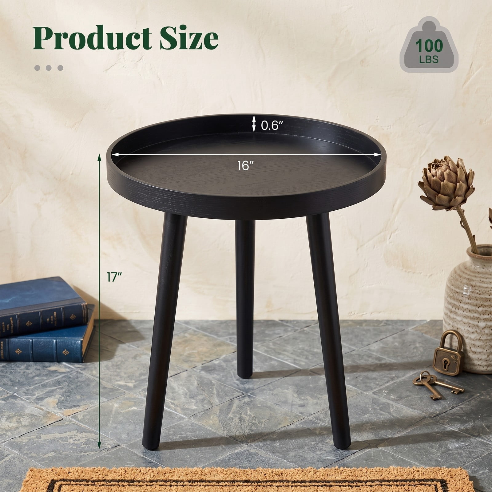 Furnibear Mid Century Modern Round Side Table, Small Sofa End Coffee Table with Bamboo Legs & Wooden Tray Top for Living Room Bedroom Small Spaces, Nightstand, Black