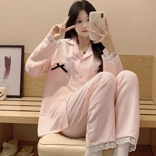 Conjuntos de pijama coreanos de algodón para mujer, ropa de dormir informal de encaje, pantalones de manga larga, 2 piezas