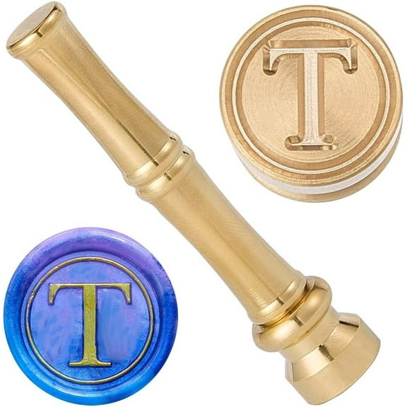 Letter T Wax Seal Stamp Mini Brass Sealing Wax Stamps 15mm Golden Metal Retro Vintage Alphabet Initial Stamp with Bamboo Stick Handle Invitation Embellishment
