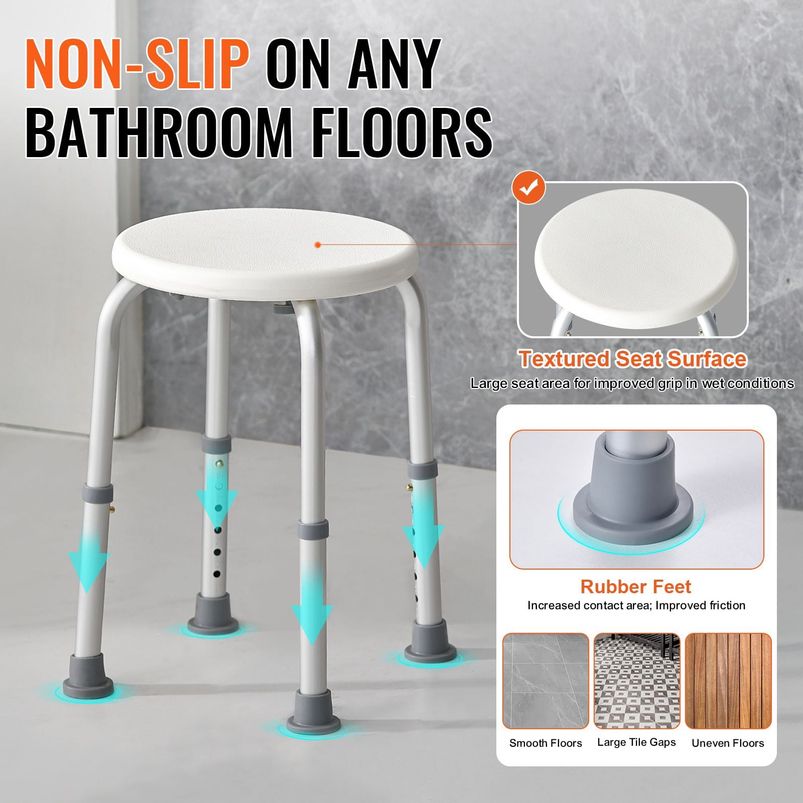Shower Stool 300 lbs Capacity 6 Height Settings 13.98-18.9 Inch Non-Slip PE/Aluminum for Seniors Pregnant Women