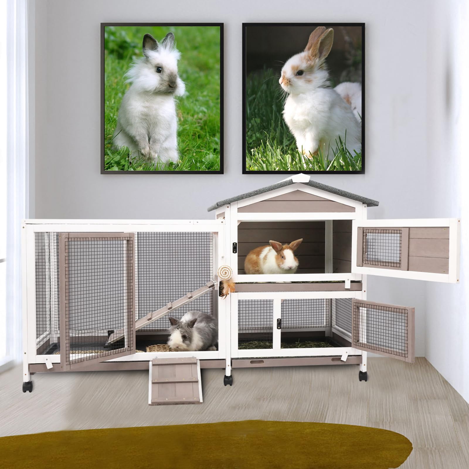 Gowoodhut Rabbit Hutch Indoor Bunny Hutch Wooden Rabbit Cage Indoor with Wheels for Small Animals
