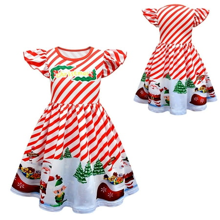 

WERYOUNG Kids Girls Flying Sleeve Christmas Striped Cartoon Print Show Dress Home Comfort Dress Toddler Child Trendy Streetwear