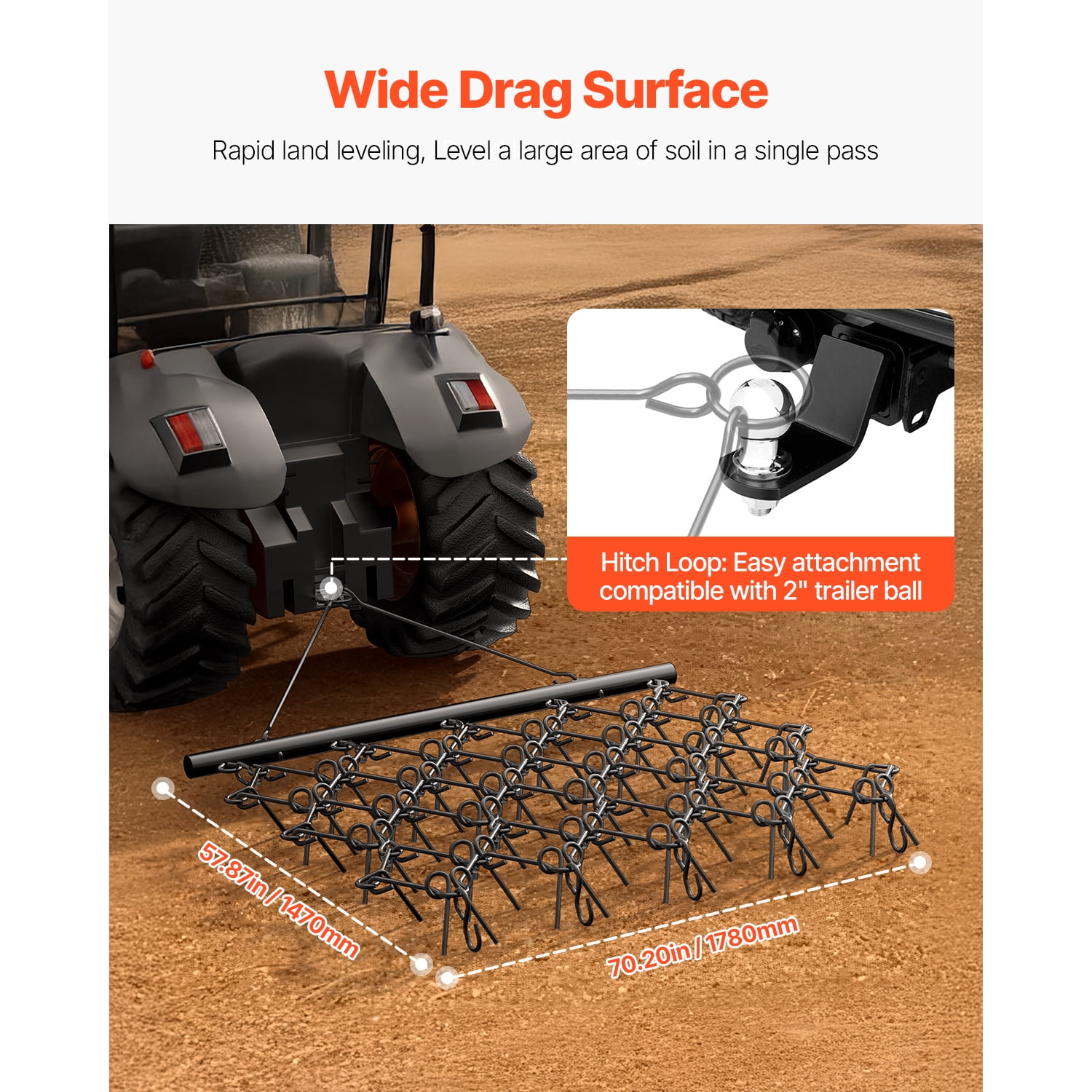 KFFKFF Chain Harrow, 5x4.5 ft, Robust Harrow with 60 Pointed Teeth, Compatible with ATV UTV Tractor, for Preparing Soil, Leveling Terrain, and Maintaining Gravel Driveways