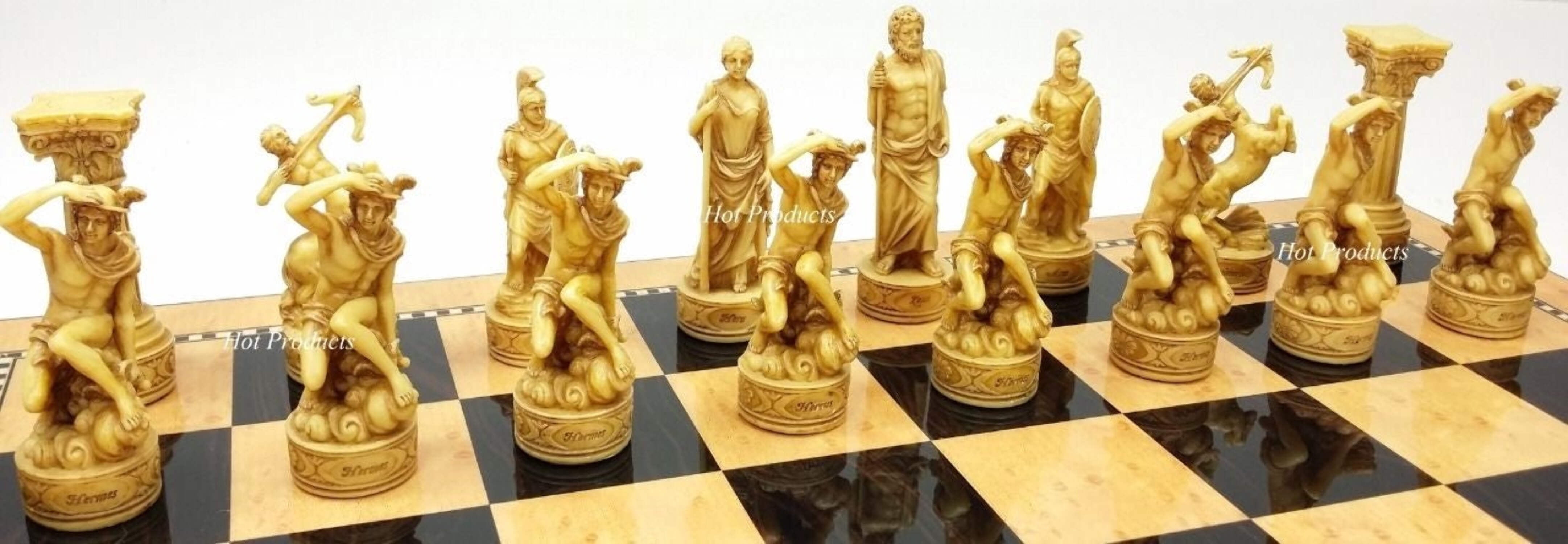 Greek Roman Gods Mythology Chess Set W/ 17" Walnut  Maple Color Storage Board