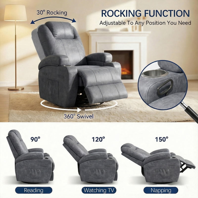 Homall 360° Swivel Rocking Recliner Massage Oversized Singal Sofa For Living Room Ergonomic High Backrest and Adjustable Recliner,PU Gray