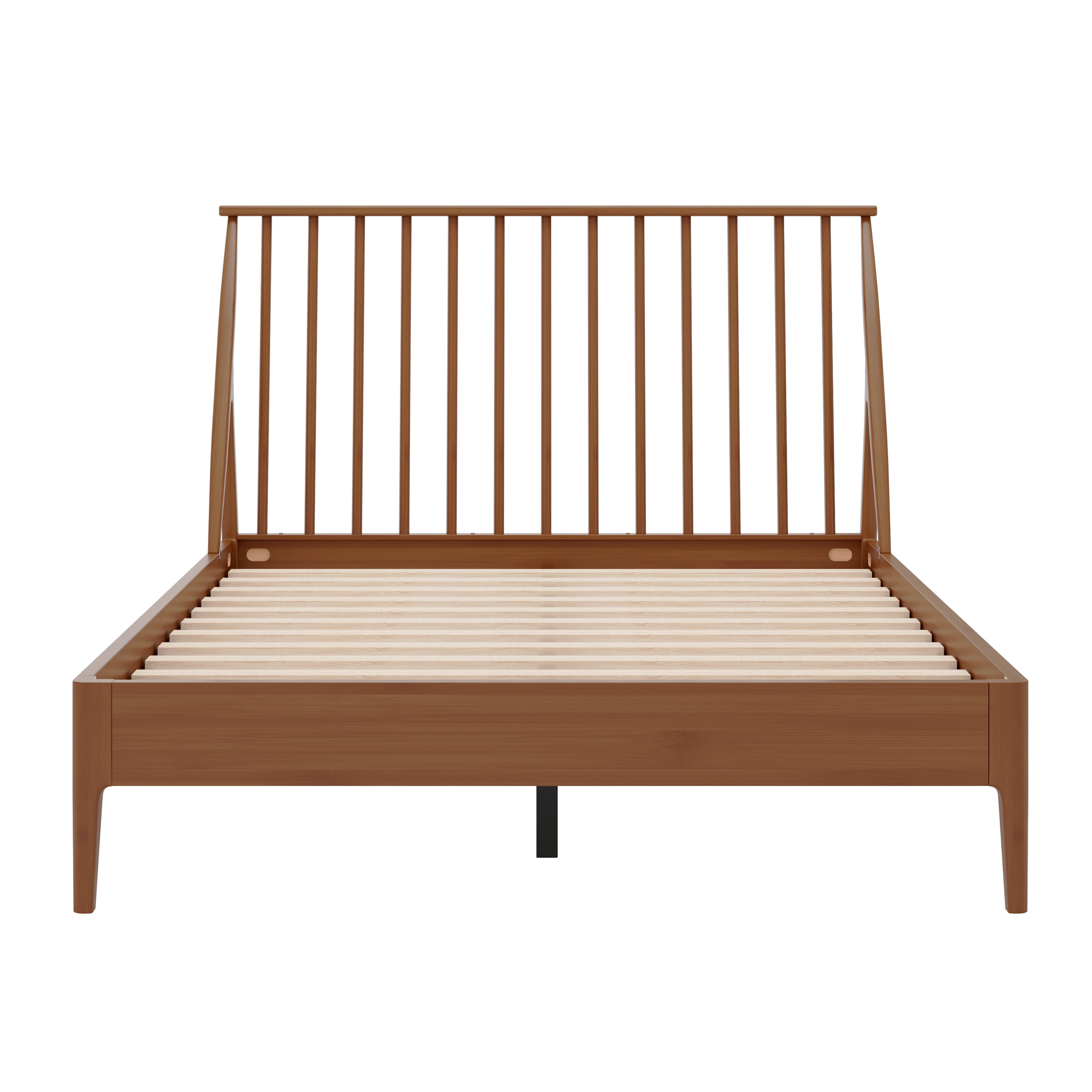 Euroco Bamboo Wood Spindle Queen Size Platform Bed with Tall Headboard, Bohemian Bed Frame with Wooden Slats and Metal Support, Mid-Century Modern Style, Warm Brown