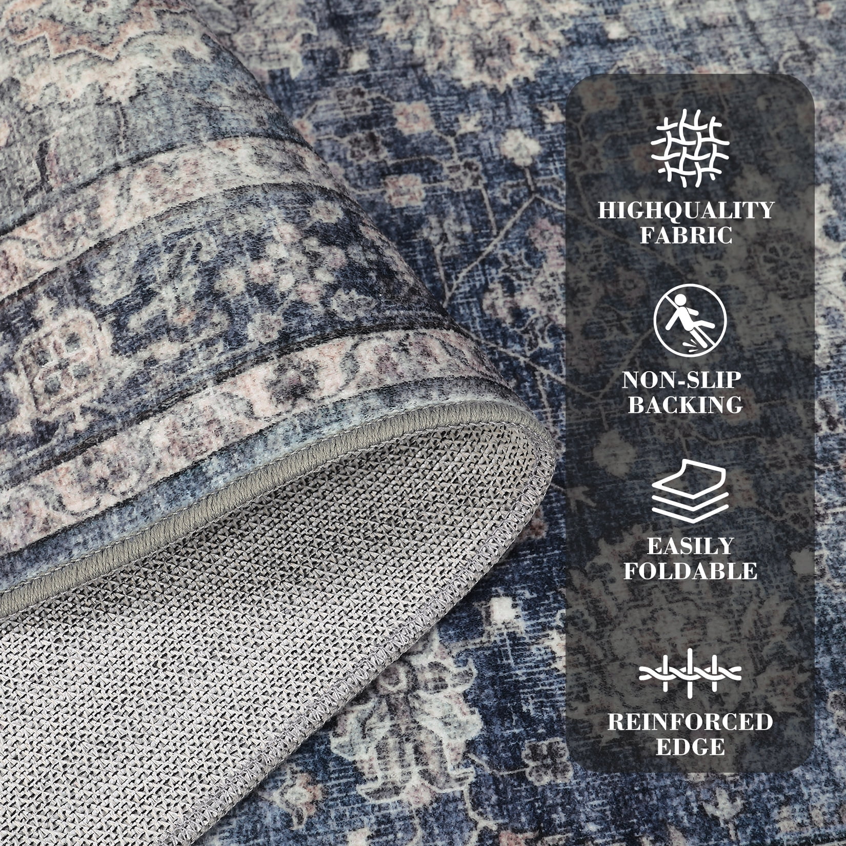 Haperlare 10x13 Vintage Printed Area Rugs Washable Accent Rugs, Non Slip Stain-Resistant Oriental Floor Carpet Farmhouse Low Pile Rugs for Living Room Bedroom Office, Blue