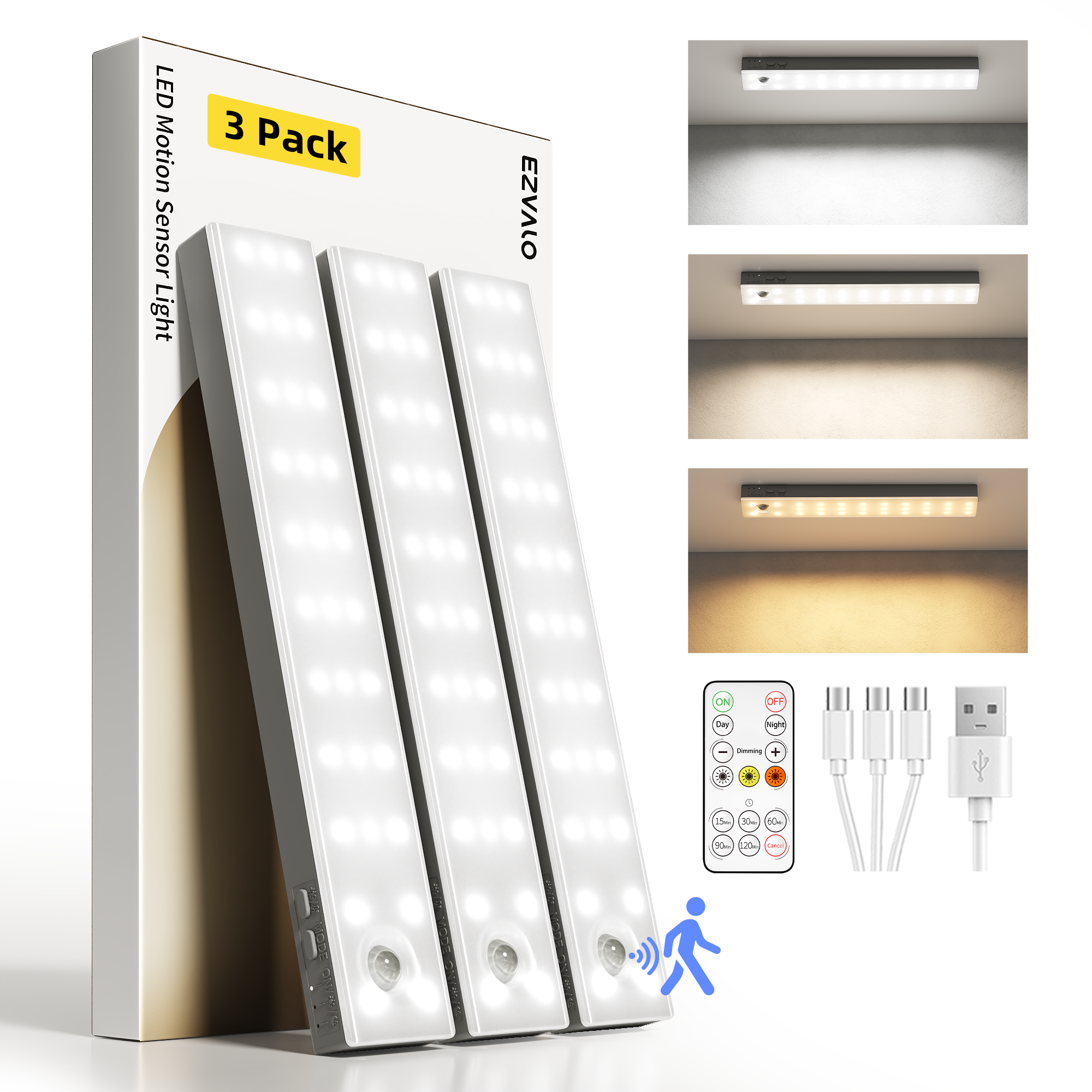 EZVALO 3-Pack Rechargeable Under Cabinet Lights with Remote photo 1
