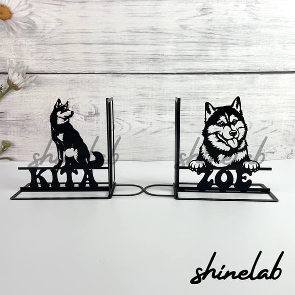 Shinelab Husky Dog Metal Bookends Dog Pet Name Bookend Gift, Animal Desk Bookshelf Decor 6332
