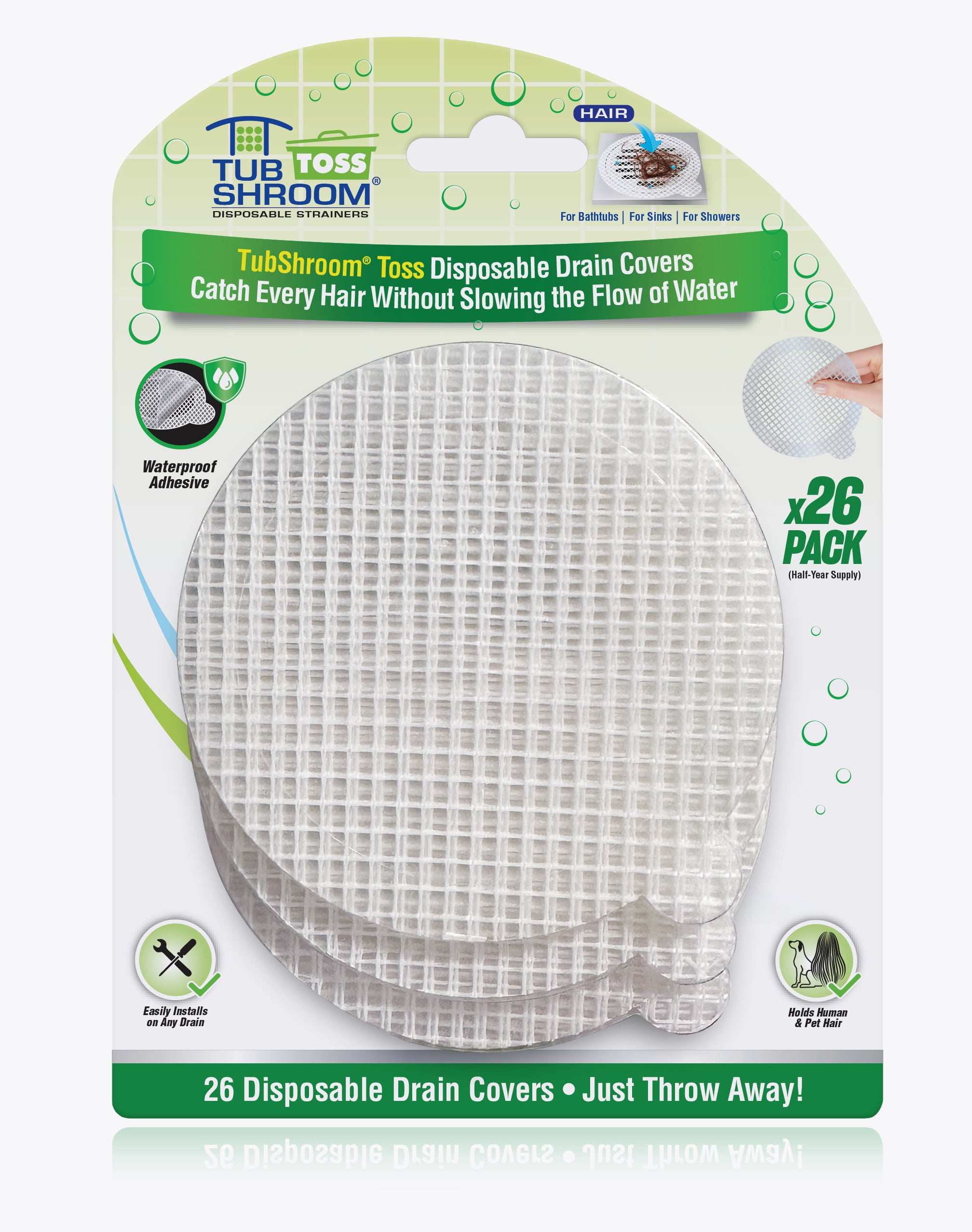 Tub Shroom Toss Disposable Drain Hair Catcher, Round Mesh, 26-pack