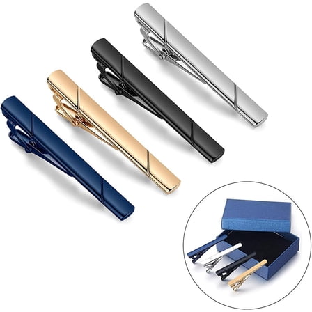 LNGOOR 4 Pcs Mens Tie Clip Tie Bar Set for Regular Ties Silver, Black, Blue, Gold Tone Wedding Business Clips