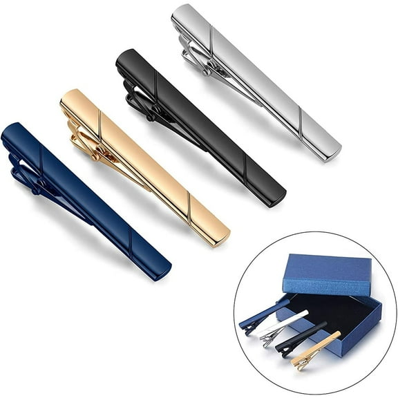LNGOOR 4 Pcs Mens Tie Clip Tie Bar Set for Regular Ties Silver, Black, Blue, Gold Tone Wedding Business Clips