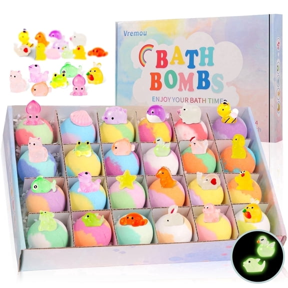 Vremou Bath Bombs for Kids, 24 pack Kids Bath Bombs with Glow in The Dark Bath Surprise Toys Inside, Natural Organic Bubble Bath Fizzy for Girls Boys