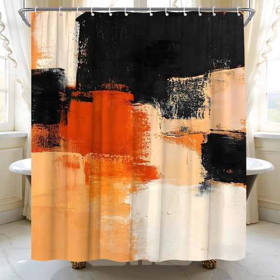 Orange Black Shower Curtain, Modern Abstract Art Minimalist Waterproof Bathroom Curtain with Hooks, Neutral Aesthetic Decor 36"W x 72"H