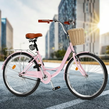 Moasis 26 Inch Beach Cruiser Bike for Women - 1 Speed Commute Bike for Adults - Womens Bicycle with Adjustable Seat in Pink/White - 26 Pink
