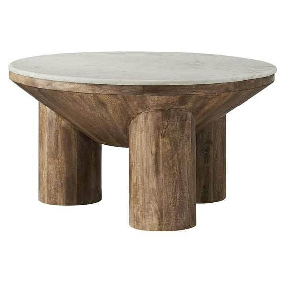 Coffee Sofa Side End Table, round, Walnut Brown, Genuine Marble, Wood, Living Room Lounge Cafe Lobby Hospitality Restaurant, Modern Contemporary, HB37696