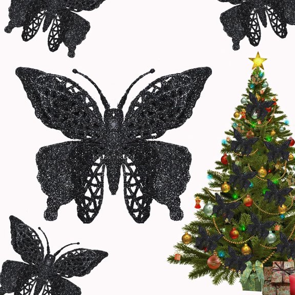 15 PCS Glitter Xmas Butterfly Ornaments - Hollow Artificial Ones with Clips, Decor for Christmas Tree, DIY Wreath