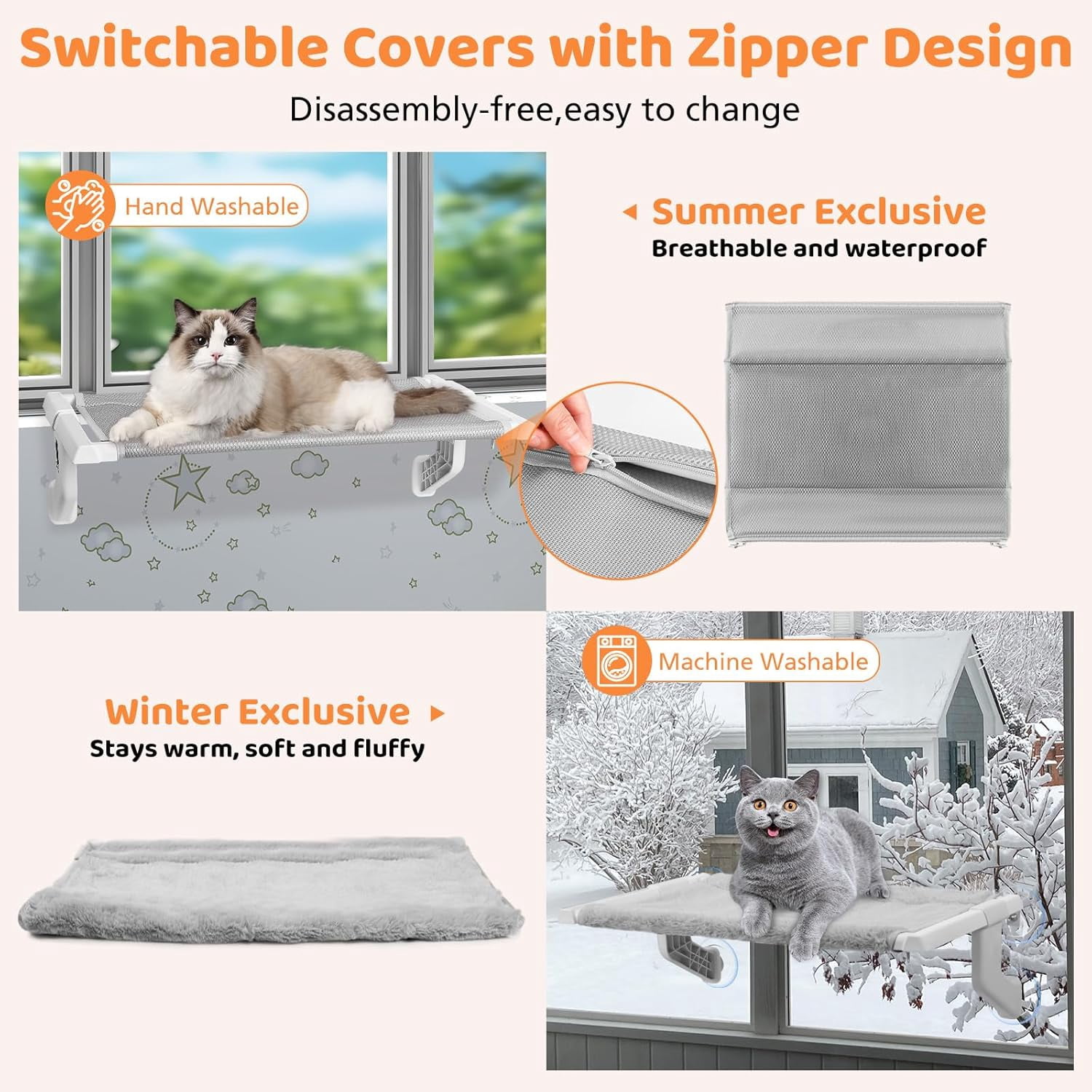 2 in 1 Cat Window Perch,Cat Hammock with Metal Sliding Clamping Adjustment,Removable Two Fabrics Cover,4 Suction Cups,Window Beds for Indoor Cat(22"x13")