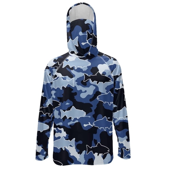 SEANATIVE Men's Performance Fishing Shirt Sun Protection Long Sleeve Shirt Soft Lightweight Breathable Neck Gaiter Hoodie for Summer Outdoor Fishing, S, Cartoon Fish Camo Blue