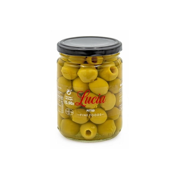 Lucia Fine Foods Spanish Manzanilla Pitted Green Olives – 440g / 15.50 oz Glass Jar – Premium Olives from Extremadura, Spain – GMO-Free, Allergen-Free, Gourmet Quality