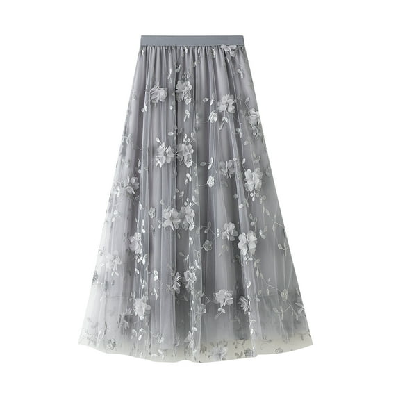 Gureui Women's Elegant Long Tulle Skirt, Elastic High Waist 3D Lace Floral Embroidery Pleated Mesh Layered Swing A Line Midi Skirt
