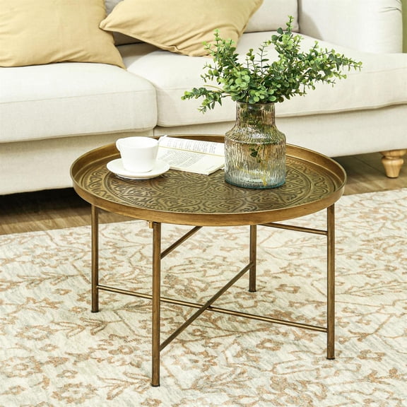 Demi Bonn Coffee Table for Living Room, 24" Round Center Table with Hammered Tray Top and Metal Frame for Bedroom, Living Room, Gold