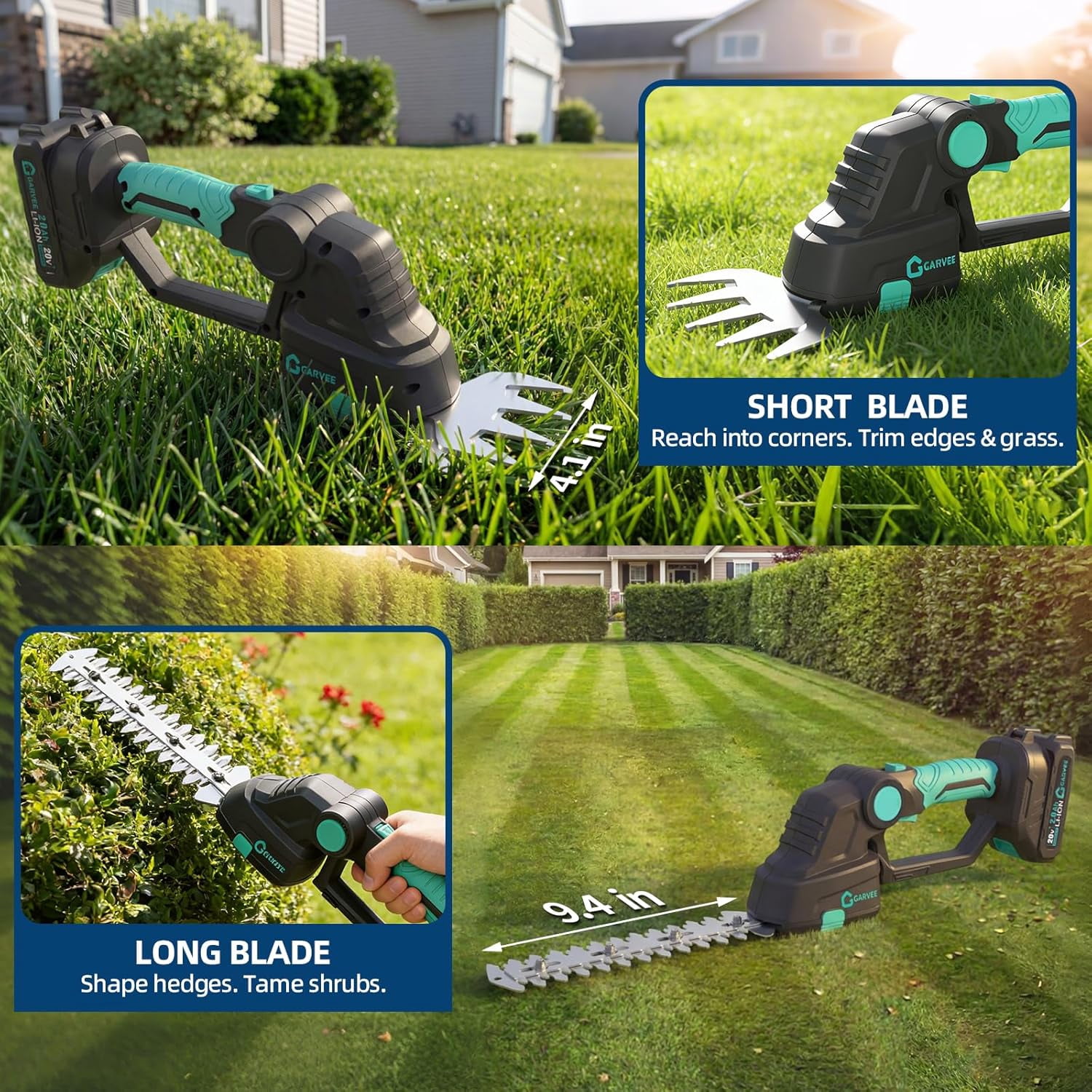 Cordless Hedge Trimmer with Battery - Grass Shear & Shrubbery Trimmer - 2 in 1 Handheld 20V Electric Grass Trimmer Hedge Shears Grass Cutter with 2 * 2.0Ah Batteries & Charge Base