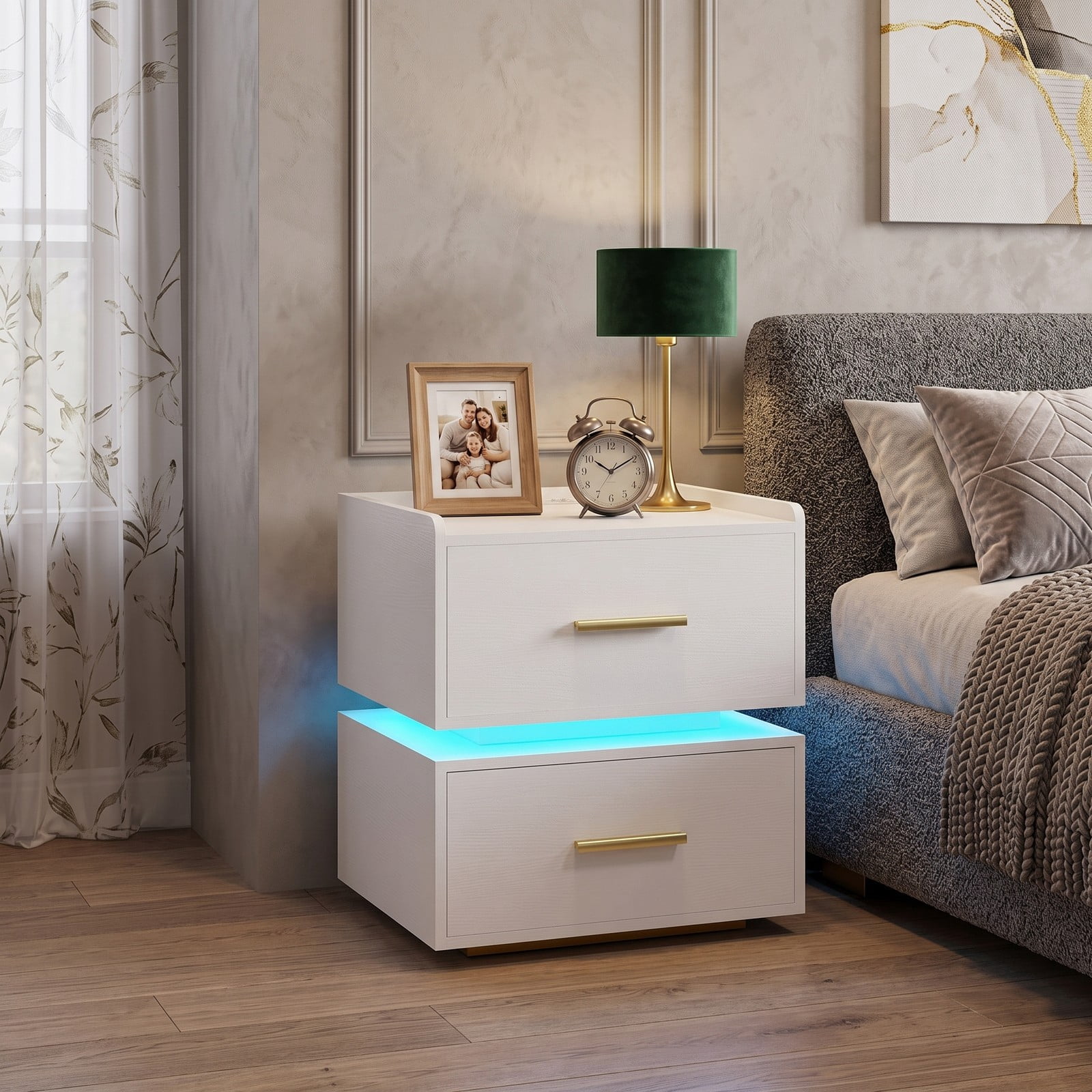 Furnibear LED Nightstand with Charging Station and 2 Storage Drawers, RGB Bedside Table with Semi-floating Design for Bedroom, White