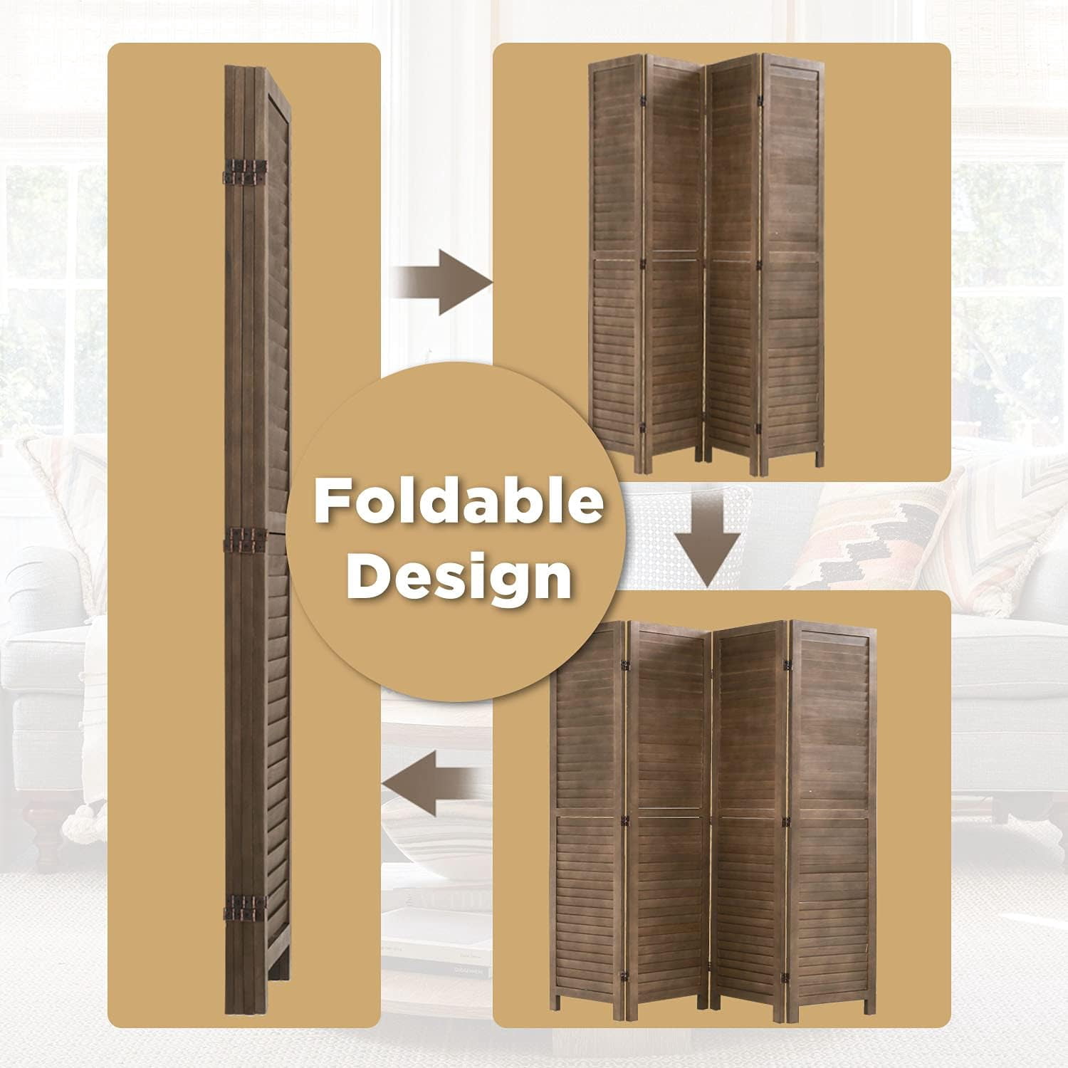 Dkelincs 4 Panel Wood Room Divider 68.9" x 15.7" Folding Privacy Screen Wall Divider for Home Office Bedroom, Brown