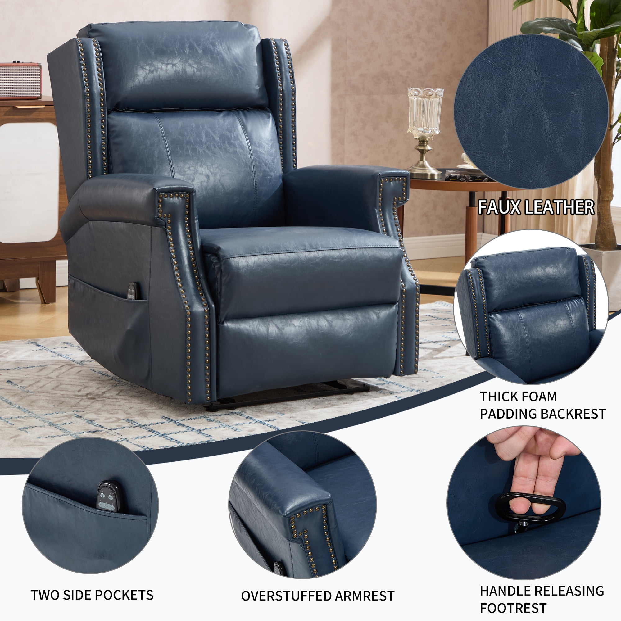 Leumius Recliner Chair for Elderly with Heat and Massage,Heavy Duty Recliners with Side Pockets for Living Room,Blue