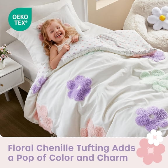 Twin Comforter Set for Girls, Tufted Chenille Floral Comforter Set Twin, Lightweight Polka Dot Comforter Reversible Bed Set, Sham, Pillow, Gracie, Twin White/ 3 Piece
