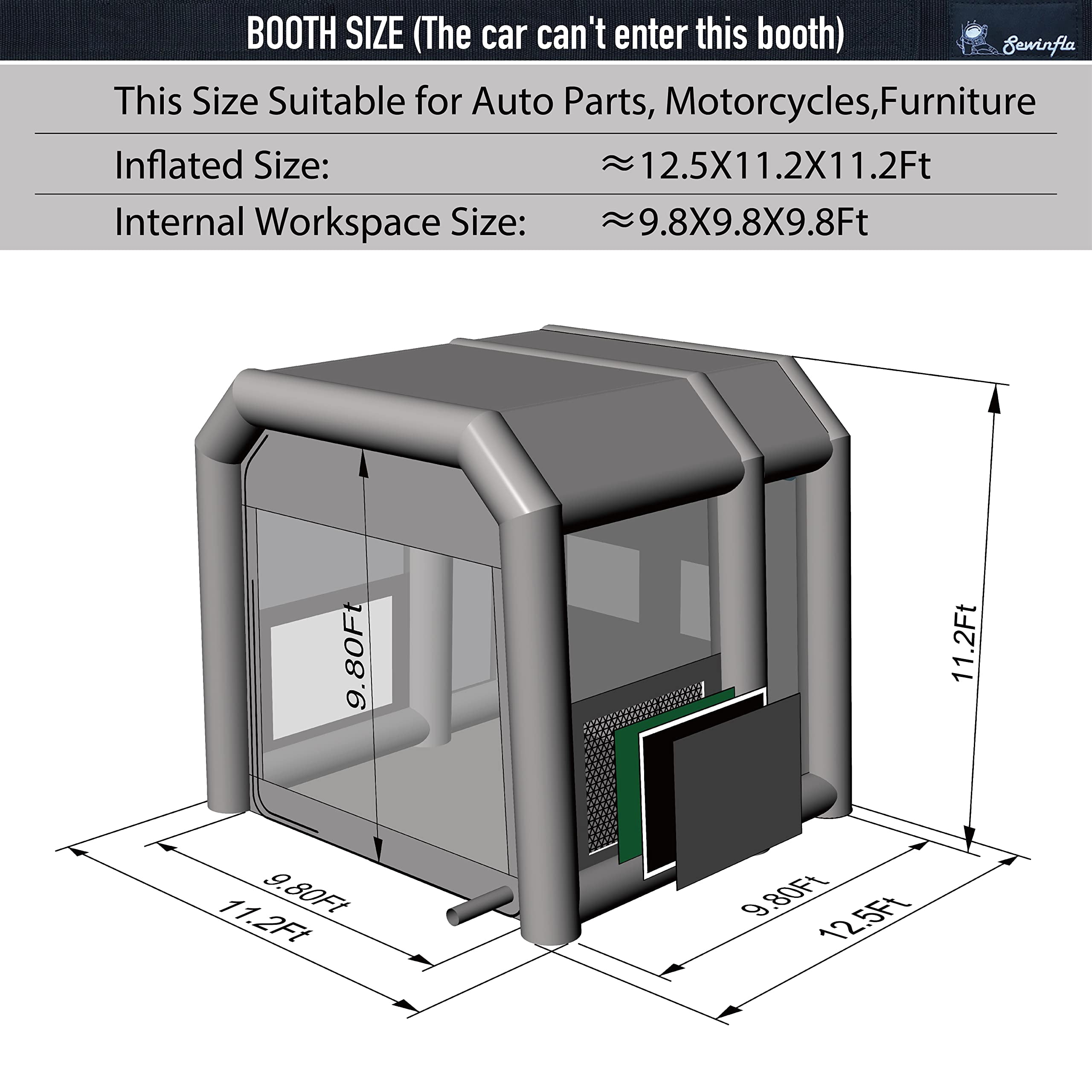 Inflatable Paint Spray Booth 12.5x11.2x11.2ft 2-Blowers 370W/550W with Dual Air Filters Portable for Cars & Furniture, Single Pack Gloss Finish