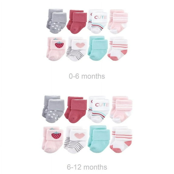 Hudson Baby Infant Girl Grow with Me Cotton Terry Socks, Strawberry 8-Pack, 0-6 and 6-12 Months
