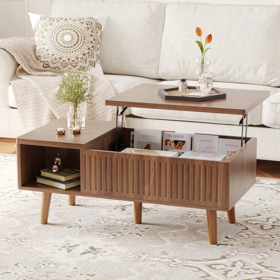 Pusnapku 37" Lift Top Coffee Table, Wood Fluted Rectangle Dining Table with Hidden Compartment, Open Cubby, Center Desk for Home Office, Living Room