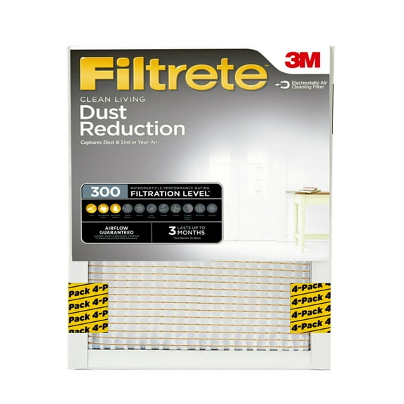 Filtrete 20x30x1 Air Filter, MPR 300 MERV 5, Clean Living Dust Reduction, 4 Filters