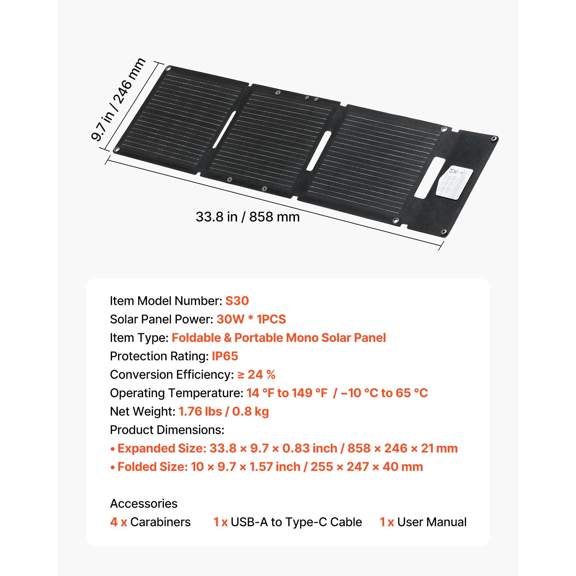 Foldable Solar Panel 30W, Portable Monocrystalline with 16BB N-Type Cells, ≥24% Efficiency, USB-A/QC3.0/Type-C, IP65 Waterproof for Camping Hiking Travel