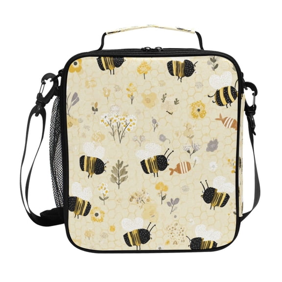 Insulated Square Lunch Bag with Side Mesh Pocket Fashion Lunch Box Reusable Lunch Tote 10.5" x9.5" x3.5" Cute Bees and Honeycomb Pattern