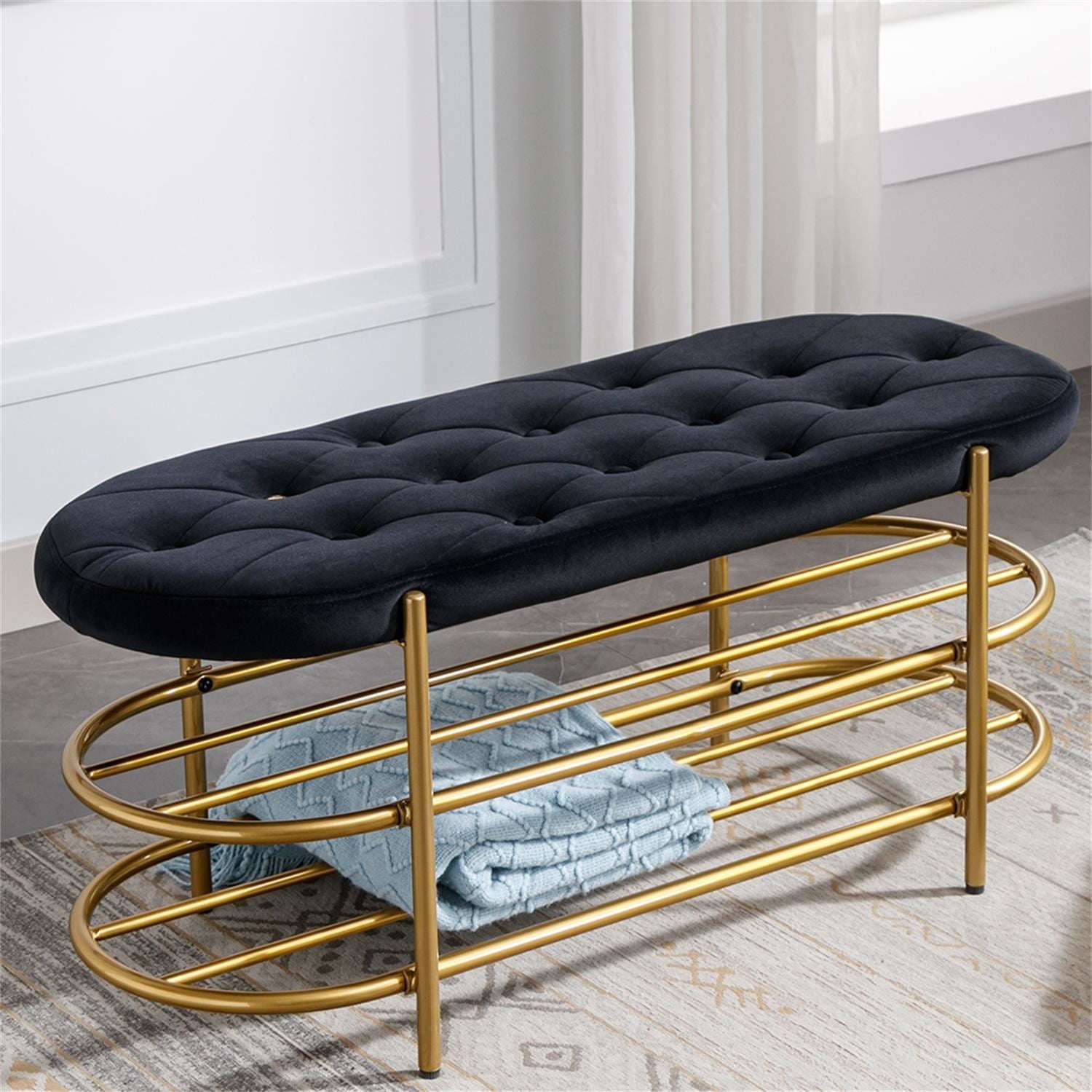 Kepooman Black Beach, Upholstered End of Bed Bench with 2 Shelf, Velvet Storage Beach for Living Room Kepooman Black Beach, Upholstered End of Bed Bench with 2 Shelf, Velvet Storage Beach for Living Room