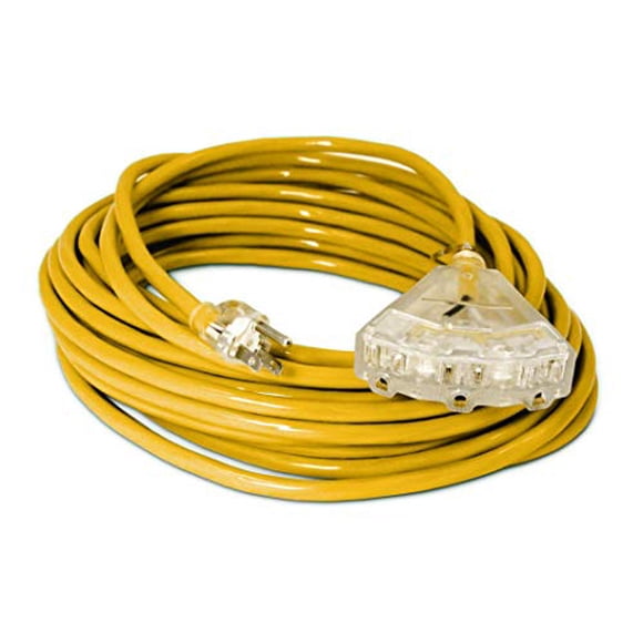 50-ft 14/3 Heavy Duty 3-Outlet Lighted SJTW Indoor/Outdoor Extension Cord by Watt's Wire - Yellow 50' 14-Gauge Grounded 15-Amp Three-Prong Power-Cord (50 foot 14-Awg)