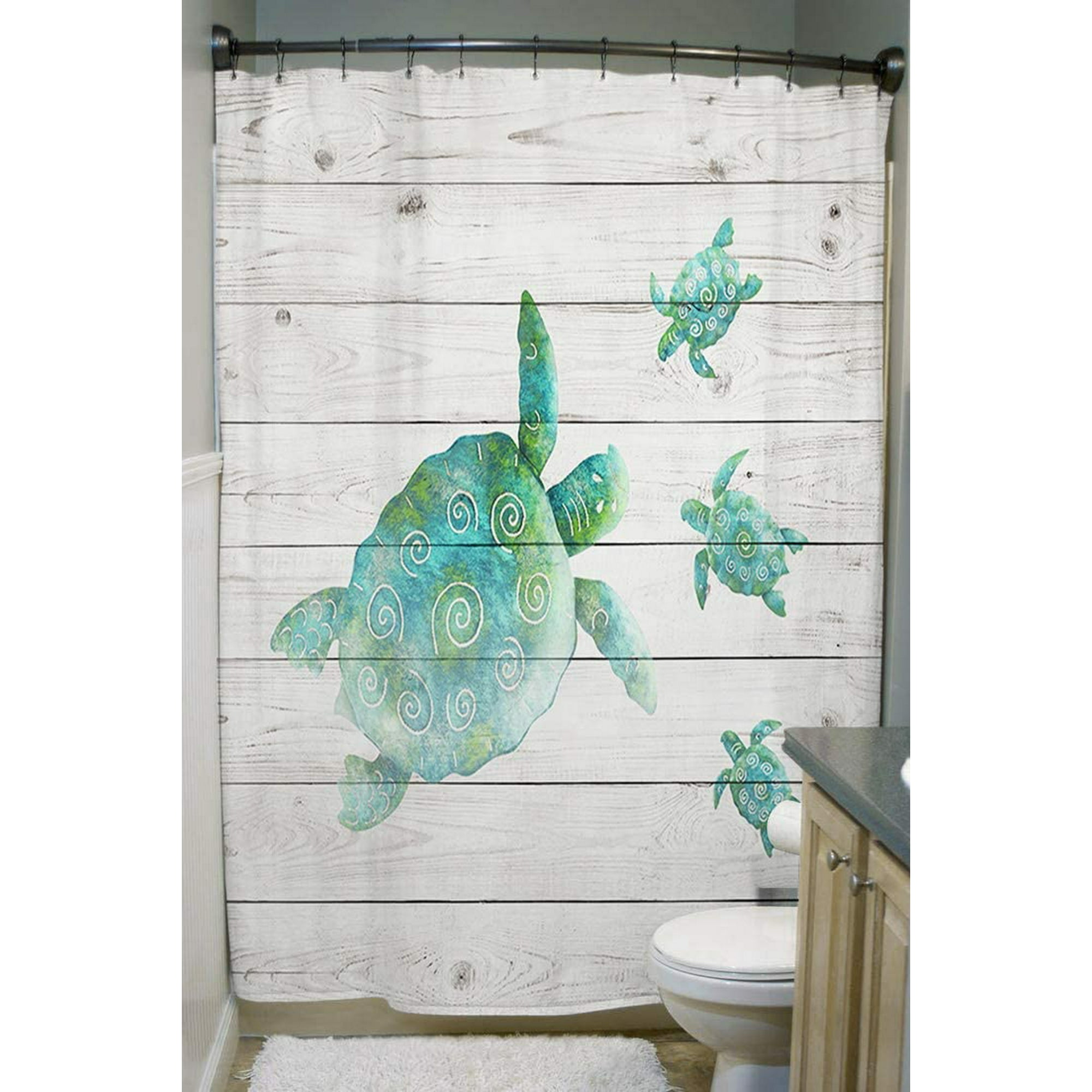 Coastal Shower Curtains For Small Bathroom Sea Turtle On Gray Wood Panels Rustic Theme Rv Curtain Stall Size Polyester Canada Rv Shower Curtain Stall Curtains, Are Shower Curtains All The Same Size Along Coastline