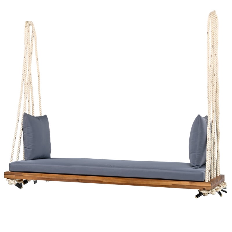 Patio Wooden Swing Chair, 2-Seat Hanging Porch Hammock Bench with Cushion & Pillows, Outdoor Swing Bench with 10.8Ft Hemp Ropes for Garden, Backyard, Lawn