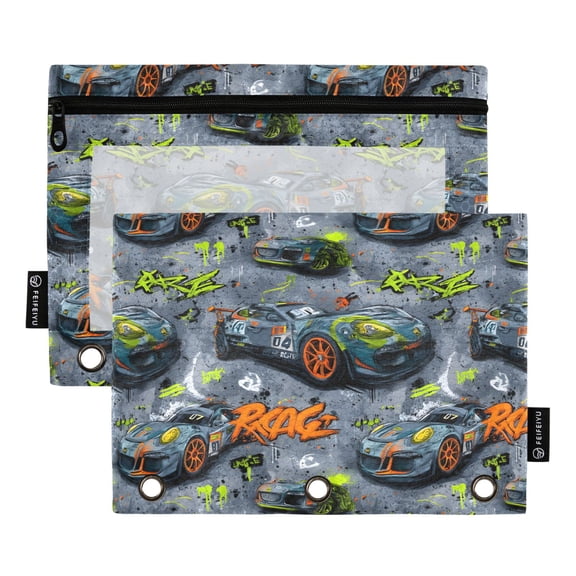 ALAZA 2 Pack Pencil Pouch Car Racing Cartoon Pencil Case for 3 Ring Binder Clear Window Pencil Bag Organizers