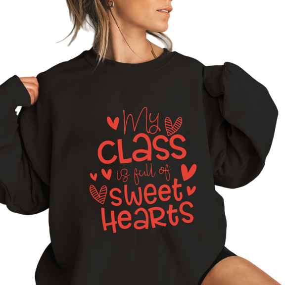 Women's Sweet Hearts Class Breathable Sweatshirt Top Casual Round-neck long-sleeved Black S-3XL