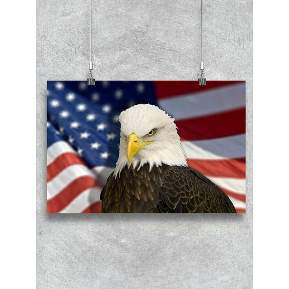 Bald Eagle With American Flag Poster -Image by Shutterstock