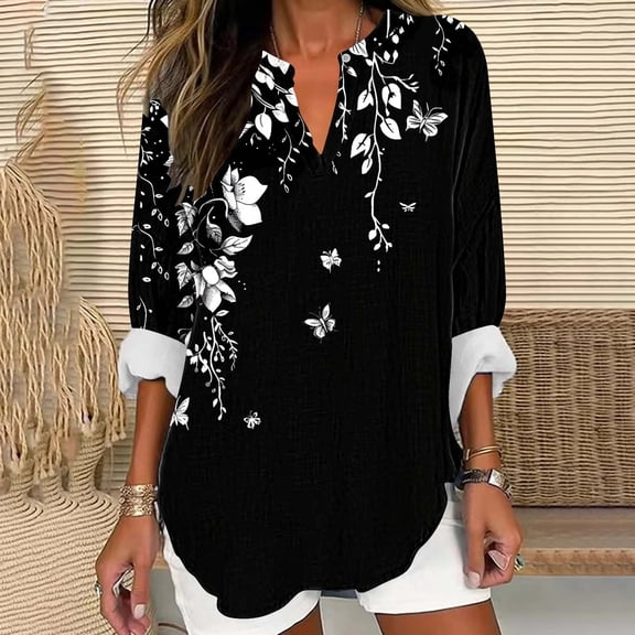 Womens Plus Size Tops V Neck T-Shirts Blouses Casual Soft Flowy Tunic Long Roll Tab Sleeves With Buttons Multicolor 2XL