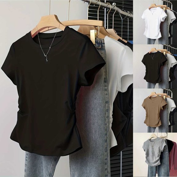 Womens Summer Tops Short Sleeve Shirts Womens Fashion Solid Color Short Sleeve Blouse Round Neck Casual Comfortable Loose Top Black XXL