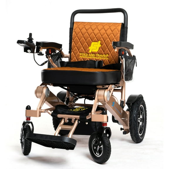 Premium Lightweight Folding Electric Wheelchair Long Range Heavy Duty Powered Wheel Chair (Gold)