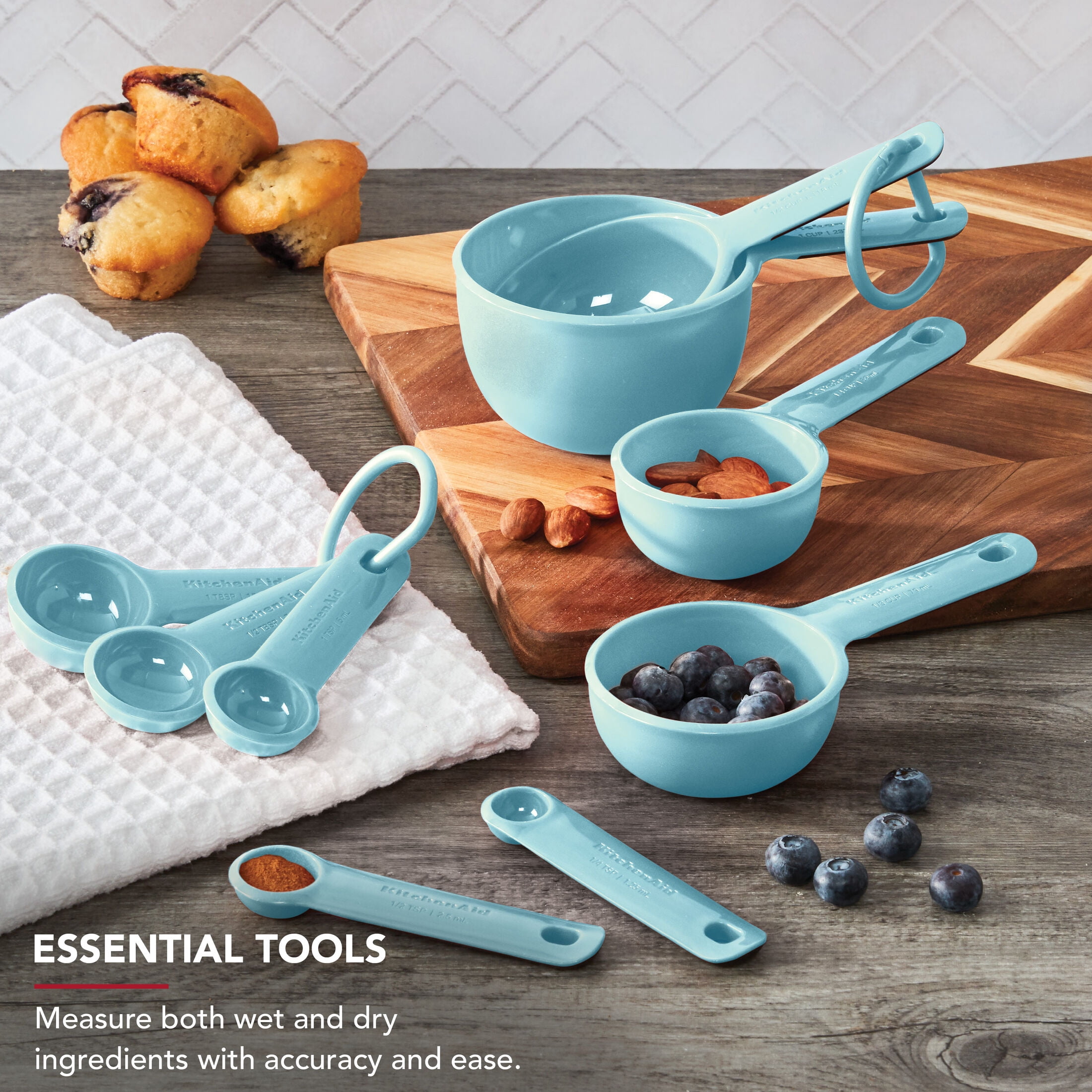 KitchenAid 9-Piece Plastic Stackable Measuring Cup and Spoons Set for Cooking, Mineral Water