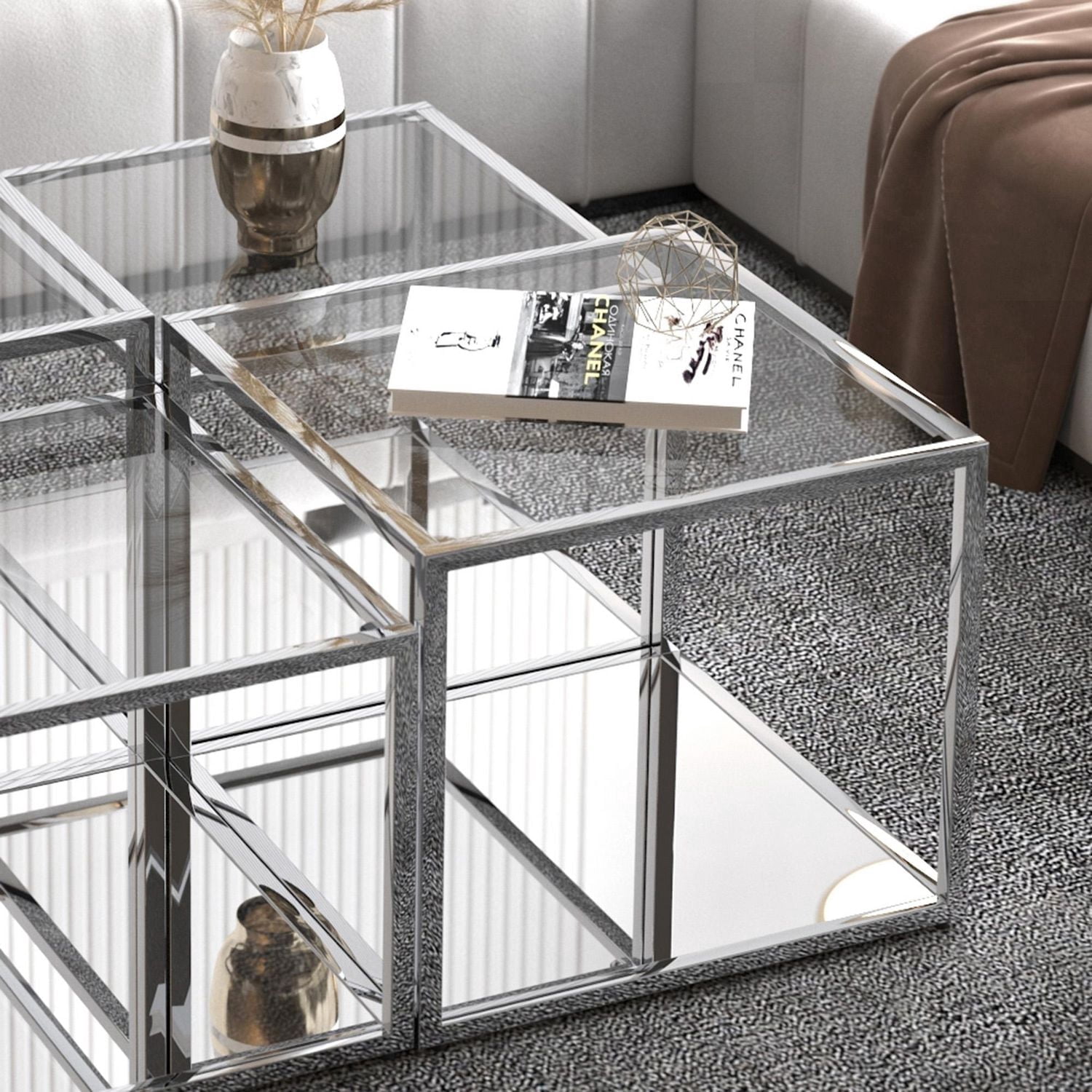 Table d'Appoint Grande Carrée Contemporaine en Métal et Verre - Argent